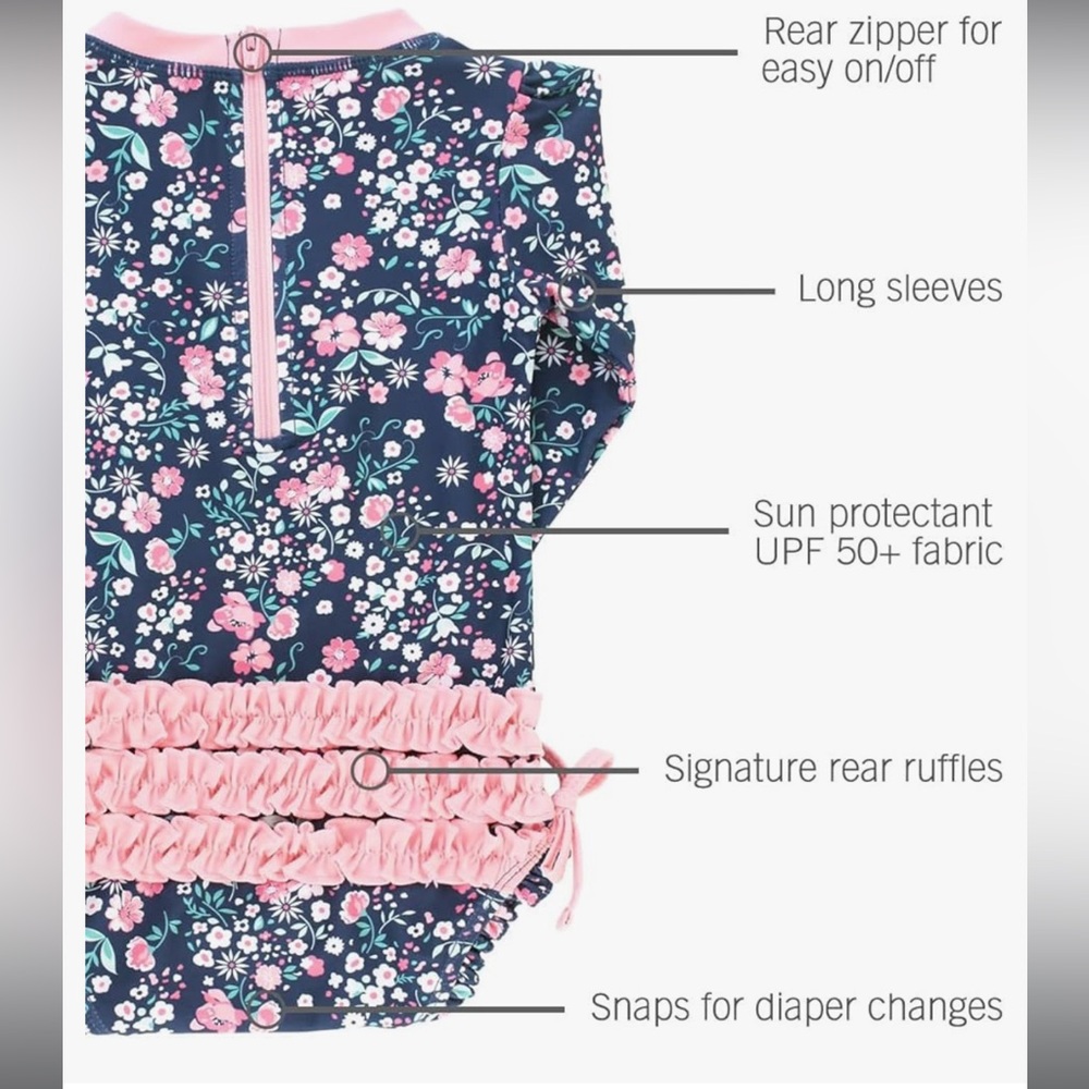 Ruffle Butts Baby Girls UPF 50+ Sun Protection Floral Moonlit Meadow Rash Guard - Picture 5 of 7